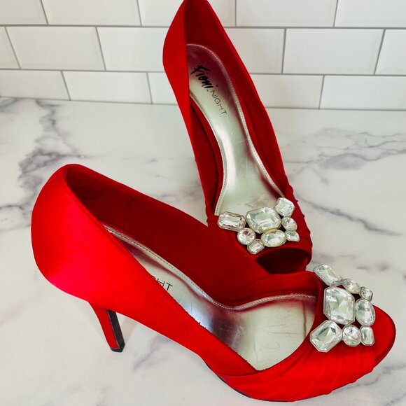 Fioni Night Red Satin Bejeweled Peep Toe Heels - Picture 4 of 8
